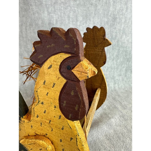 Vintage Wooden Rooster Basket Eggs Holder Rustic Handcrafted Decor Yellow Brown - Picture 5 of 12